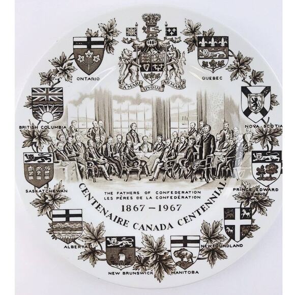 Wood & Sons Ironstone Fathers Confederation Canada Flow Brown Centennial Plate - Picture 1 of 10